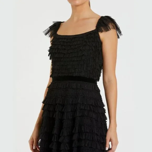 knee length dresses for ladies Black Ruffled Tulle Midi Dress